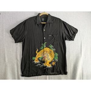 Guess Tiger Button Down Shirt Men's Medium Black Rayon Hawaiian‎ Graphic Shirt